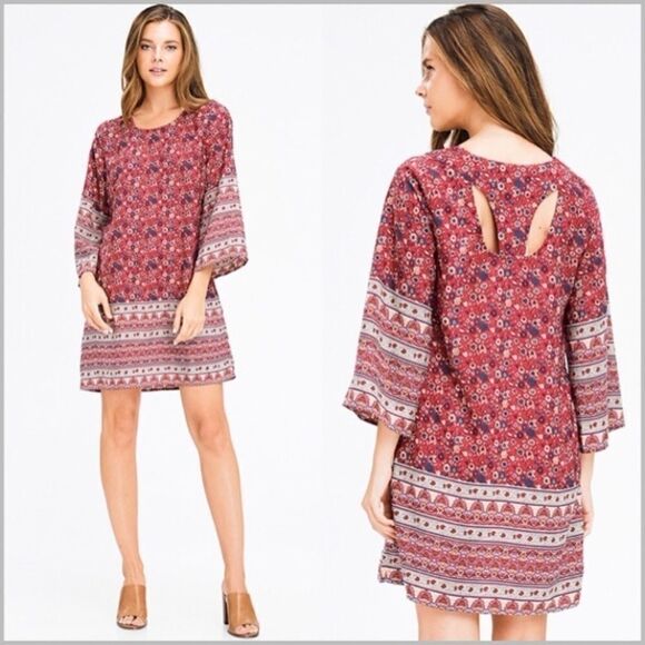 Burgundy Floral Ethnic Print Boho Mini Dress - Picture 2 of 10